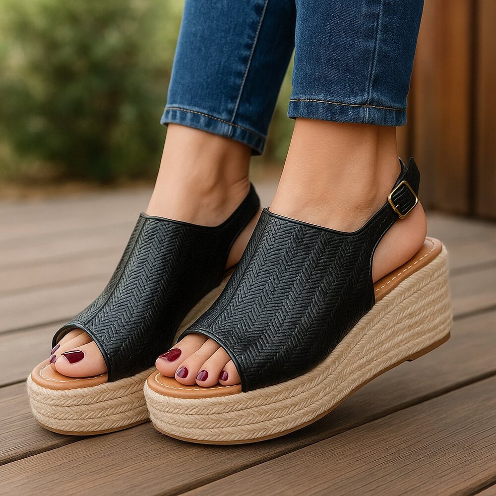 Black Wedge Sandals - New